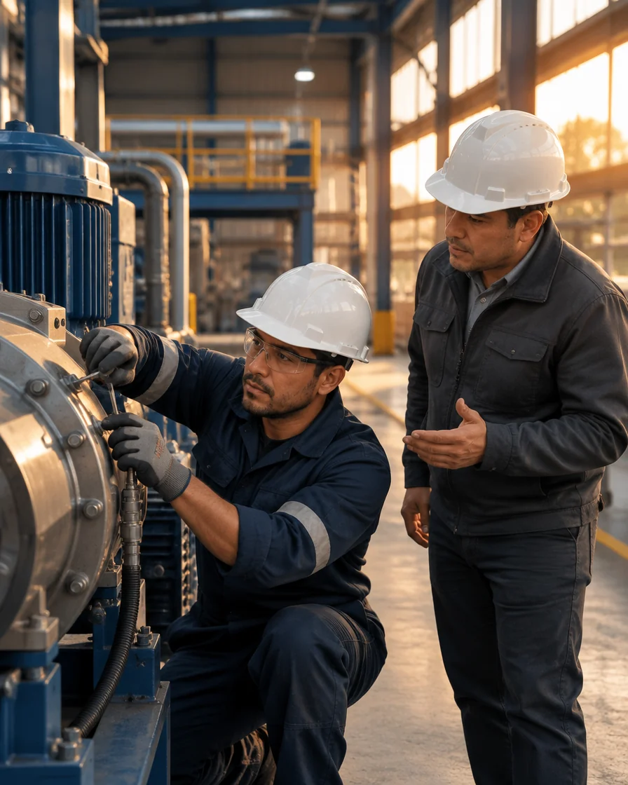 Personal técnico especializado realiza mantenimiento de maquinaria en una planta